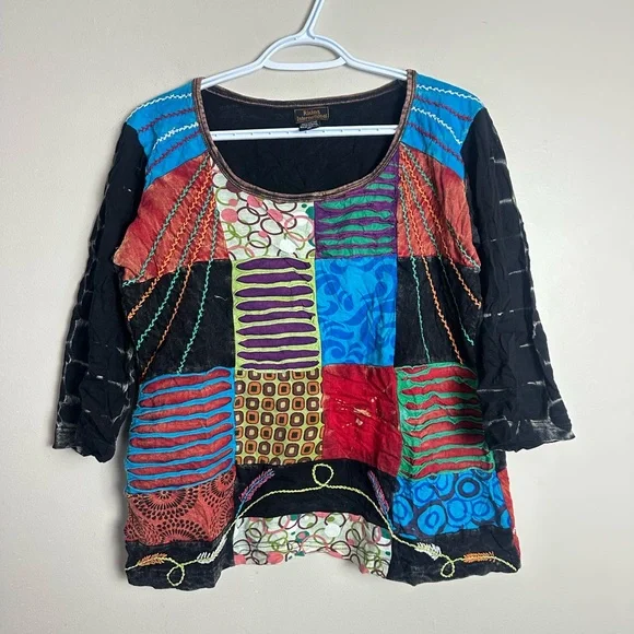 Rising International XL Patchwork Tunic Top Multicolor Scoop Neck Blouse - Picture 2 of 5